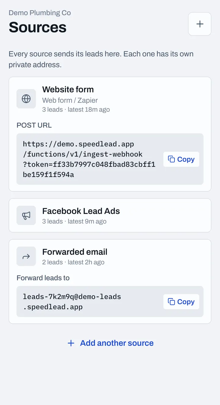 LeadHorn's Sources screen listing a website form, a Facebook page and a forwarding email address